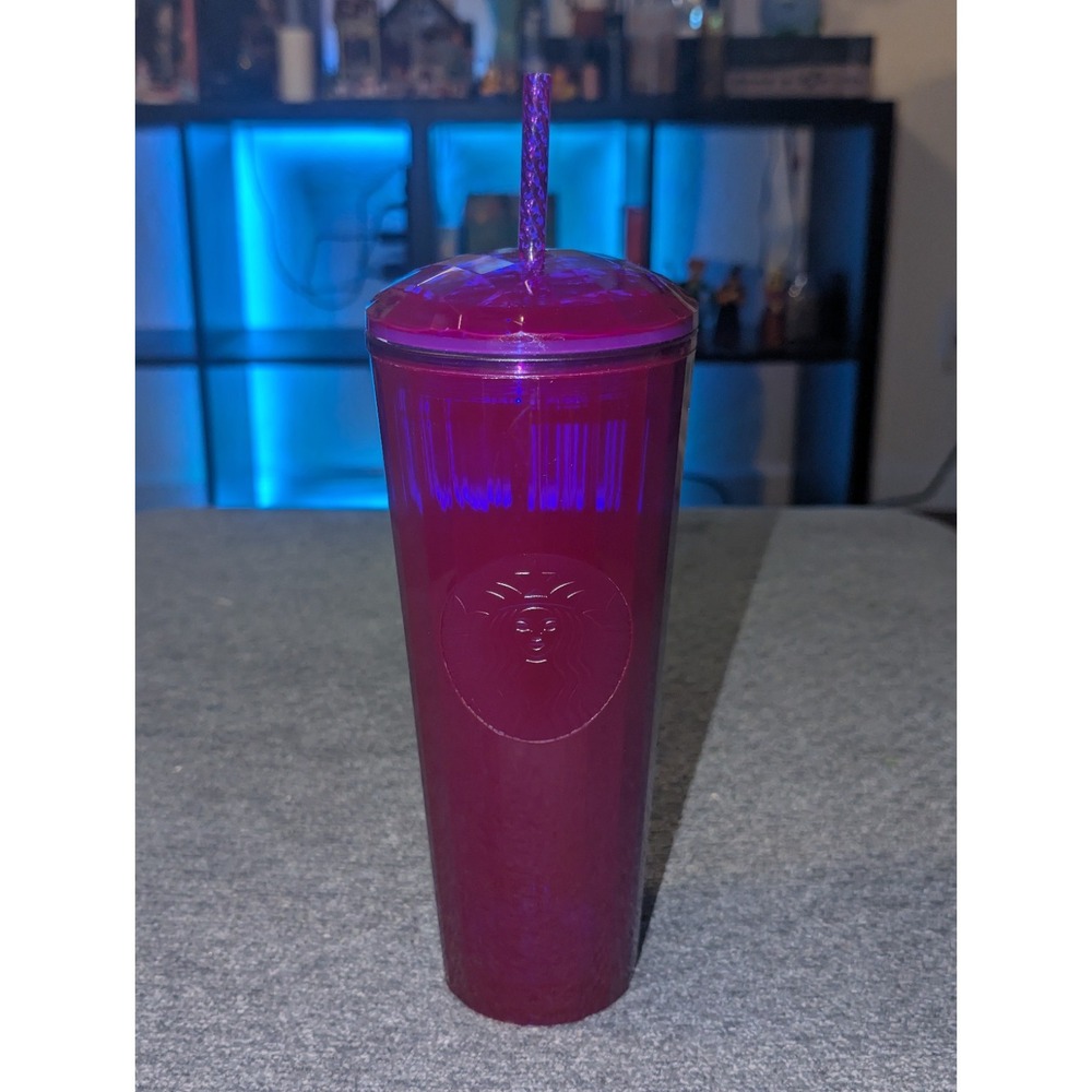 Starbucks Tumbler April 2021 Tall Purple Cold Cup Blue Edge Glow Dome Lid 24 oz